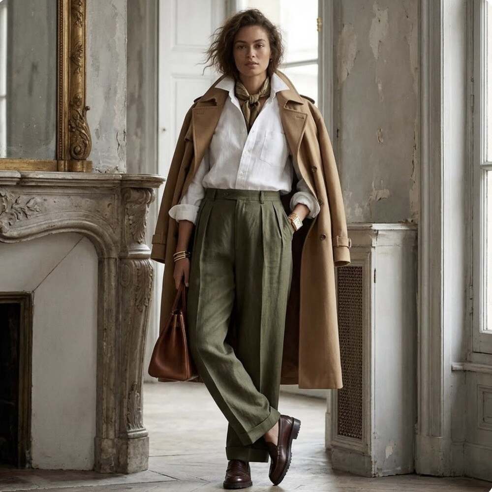 Vintage Ralph Lauren Linen Trousers Sz 10 Olive Green 90’s Pleated High Rise